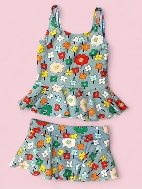 Hanna Andersson Blue Retro Flowers Floral Peplum 2-Piece Swimsuit Set Sz 6-7